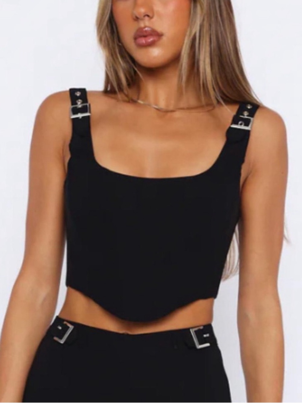Black Buckle Strap Cropped Tank Top
